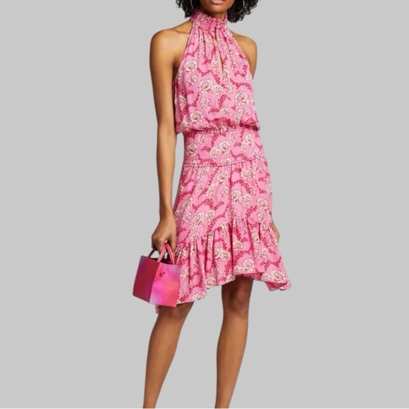A.L.C. Cody Floral-Print Asymmetrical Halter Silk Dress In Pink Women's Size 6 - Picture 1 of 8